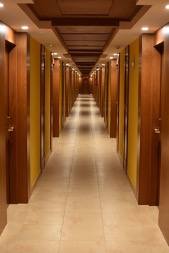Long hotel hallway