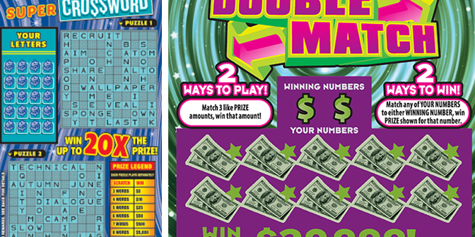 Left, Missouri scratch card featuring a crossword puzzle called “$100,000 Super Crossword”. Right, another Missouri scratch card called “Double Match” featuring ten scratchable dollars that might reveal matching prize amounts.