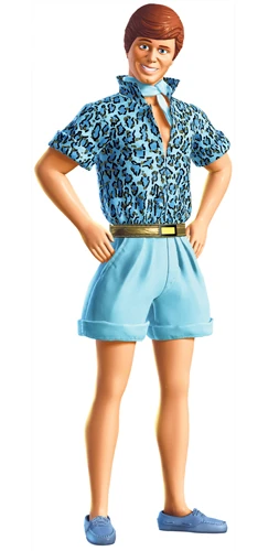 Image of Ken doll standing in shorts with hands on hips.
