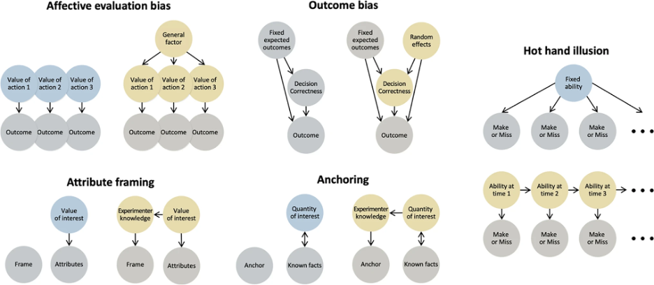 Cognitive biases that can be explained by hierarchical inferences. Nonhierarchical inference models (blue) suggest that these biases are irrational, however hierarchical inference models (gold) show that these biases can reflect rational decision-making.