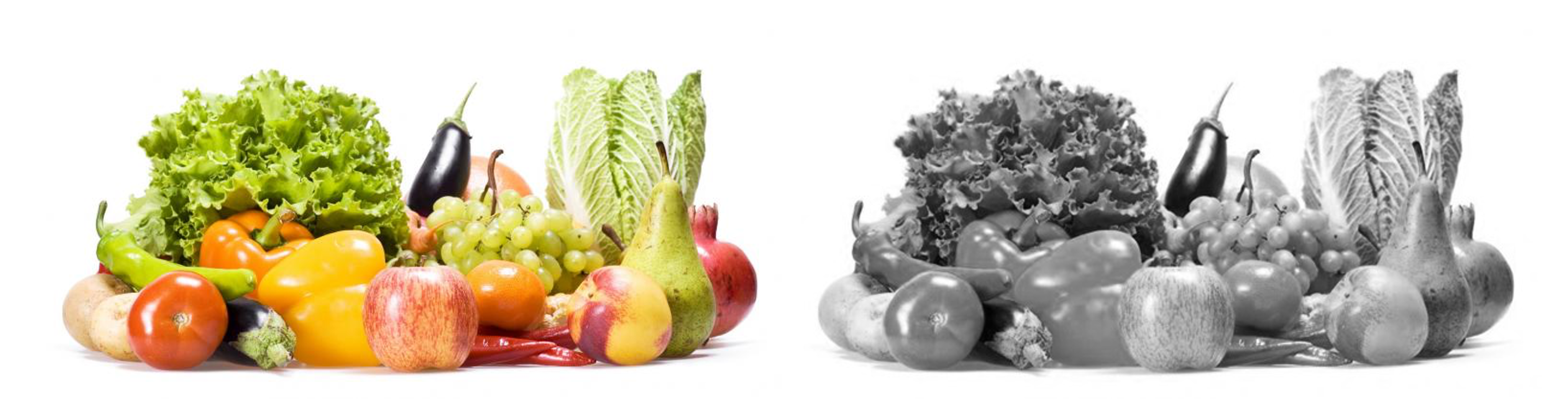 Colourful fruits and vegetables on left and same fruits and vegetables in greyscale