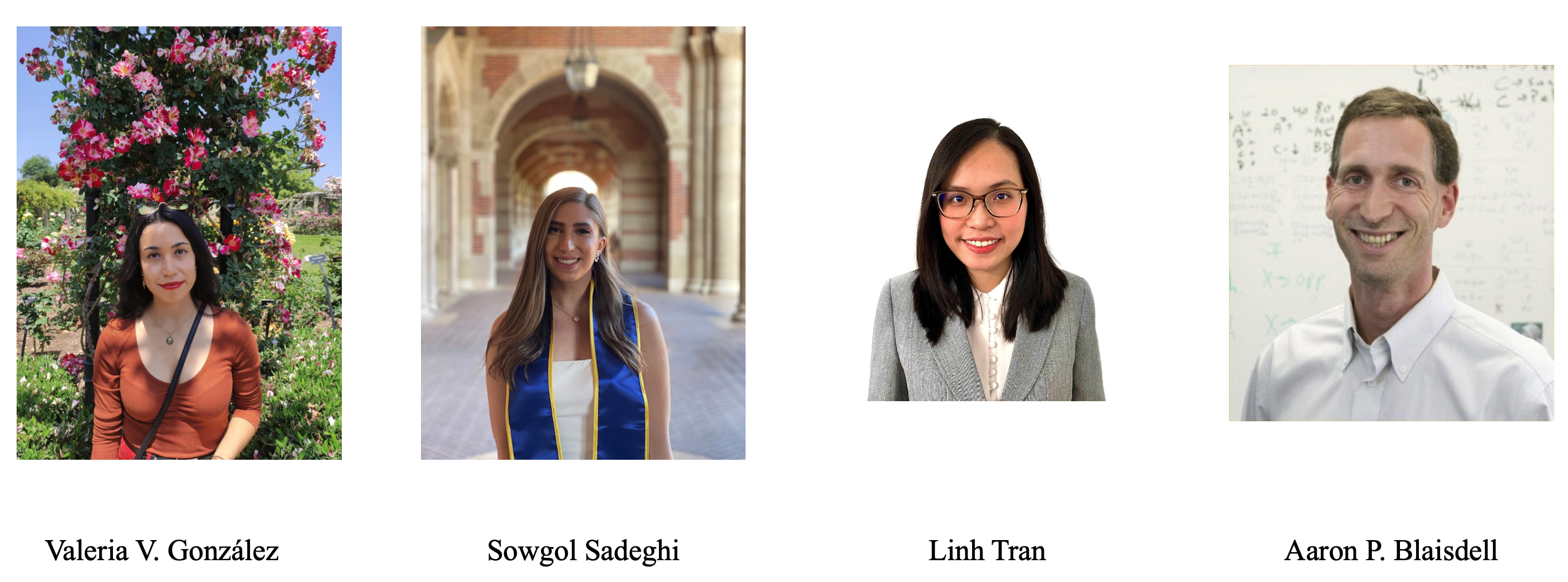 Images of the authors of the featured article. Pictured from left to right: Valeria V. González, Sowgol Sadeghi, Linh Tran & Aaron P. Blaisdell