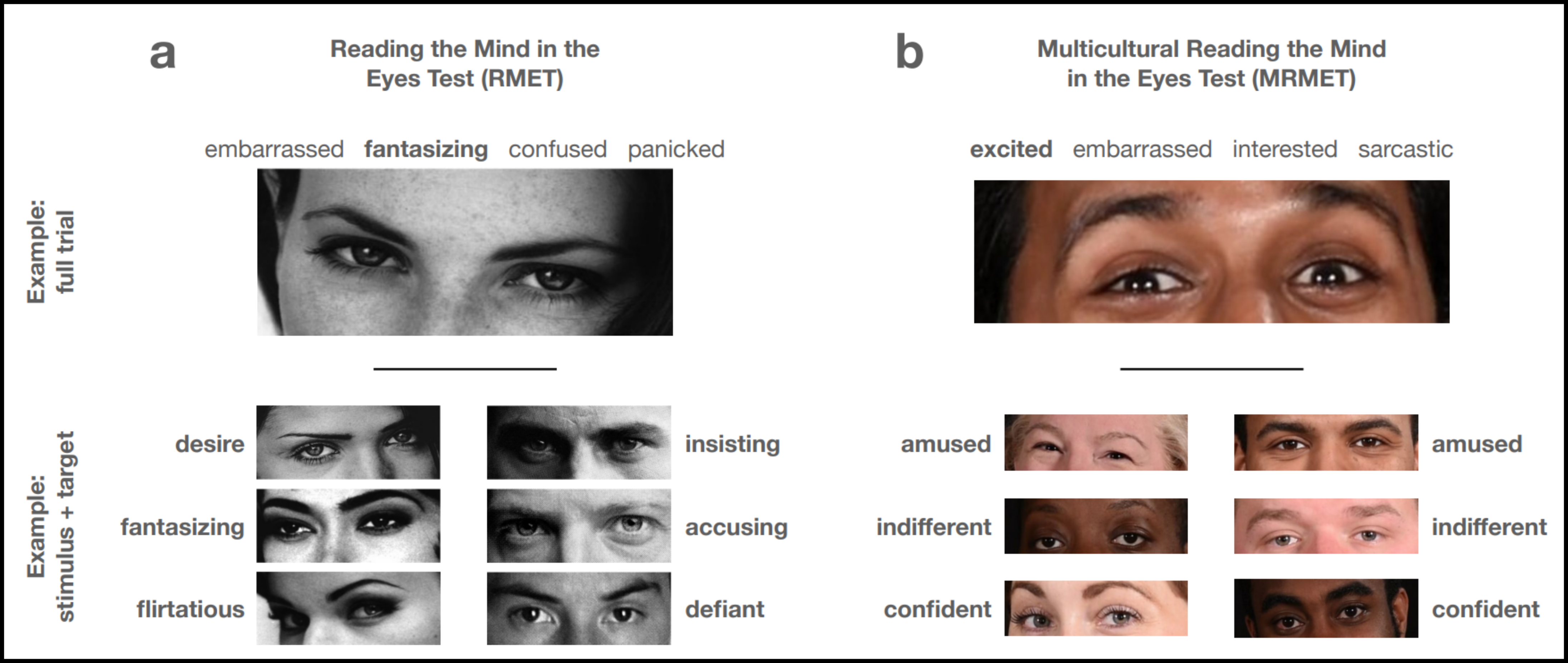 The leftmost column of this figure includes example stimuli (grayscale photos of people’s eyes) from the original RMET measure as well as potential response options for the emotional state of that person including “embarrassed” “fantasizing” “confused” and “panicked.” The rightmost column of this figure includes the stimuli and response options for the updated MRMET measure which highlights the racial diversity of the people as well as the reduced vocabulary level of the response options, which are: “excited” “embarrassed” “interested” and “sarcastic.”