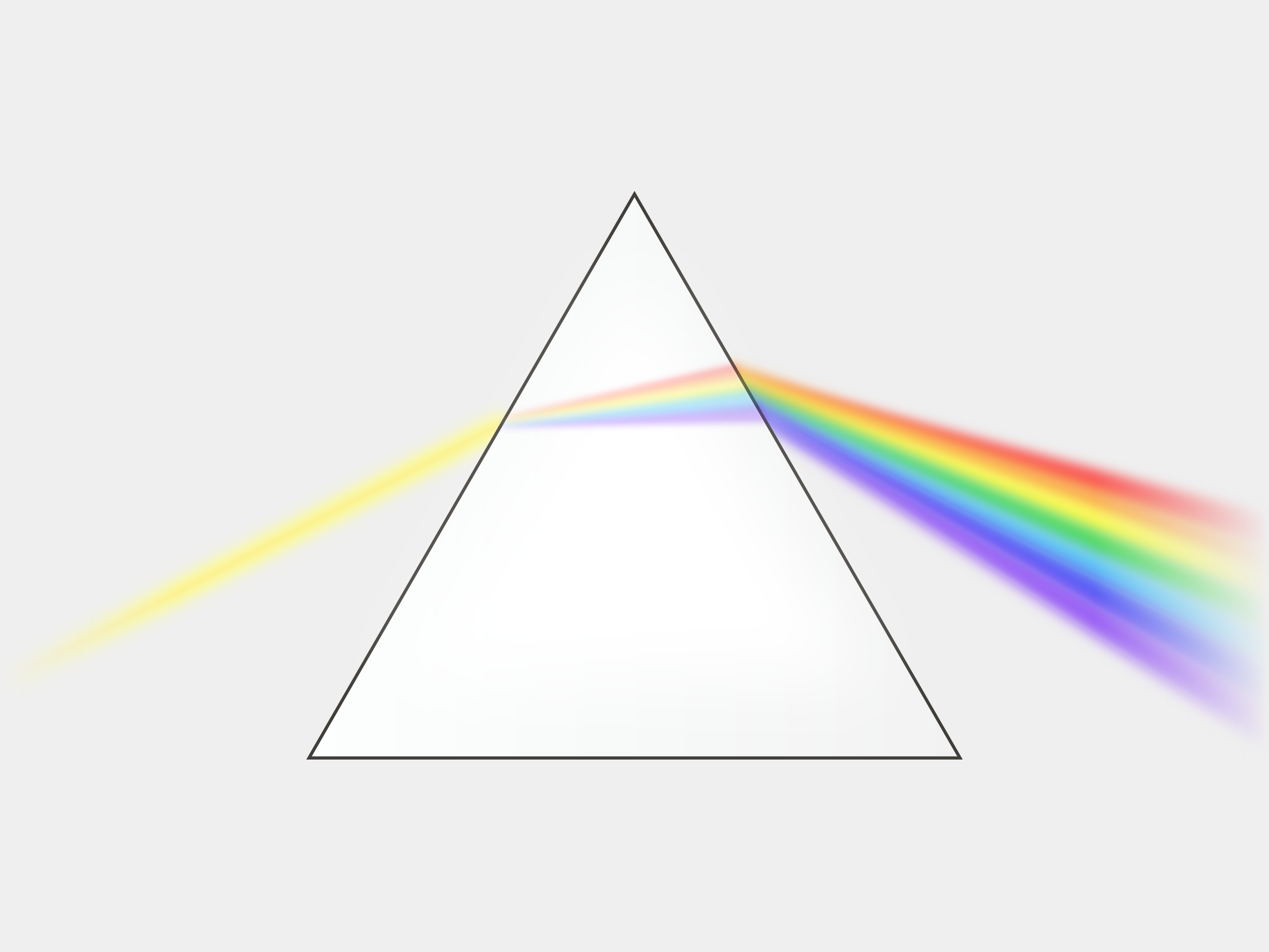 Alt text: A triangular prism with a beam of yellow light entering from the left and exiting as many beams forming a rainbow of colors going to the right. 