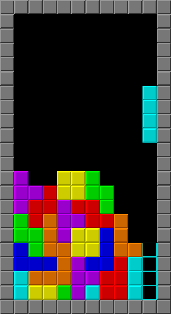 A typical game of Tetris. A straight tetromino is about to fall into position to clear four lines at once. 